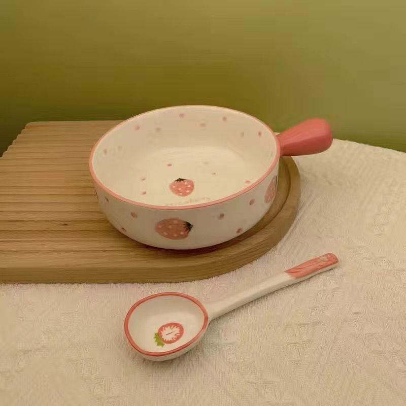 盘碗用微波炉北欧风盘手柄草莓手绘手柄陶瓷餐具烤盘蒸蛋碗无|undefined