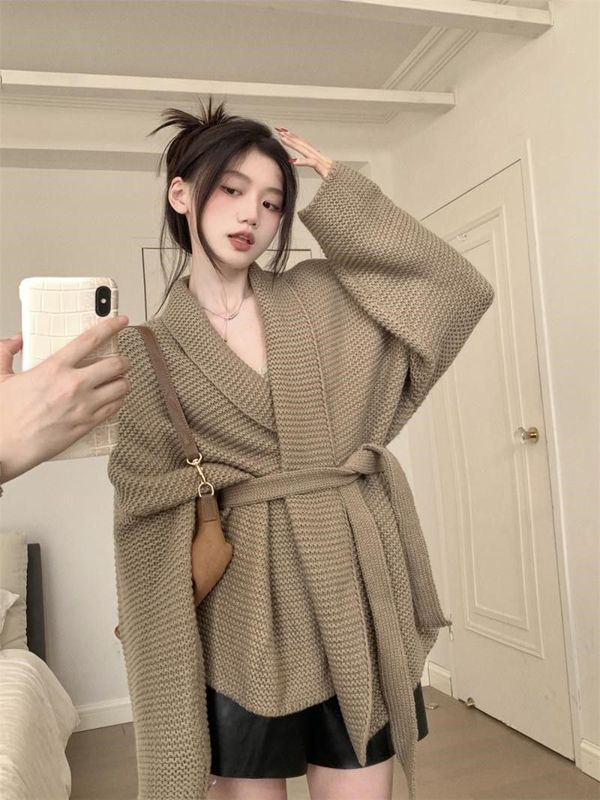 大码法式感V领开衫外套女春秋时尚慵懒风收腰绑带厚实针织衫上衣|undefined