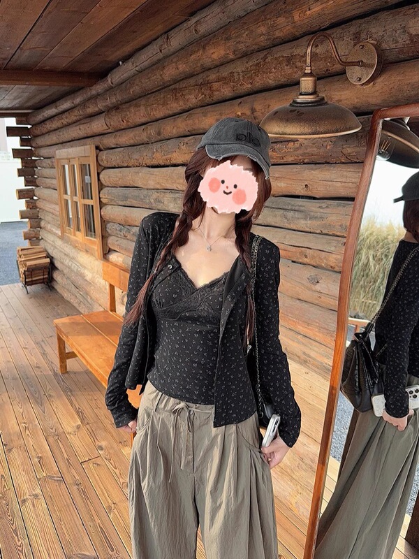韩系穿搭套装bm碎花蕾丝吊带背心女早秋短款防晒开衫小上衣两件套|undefined