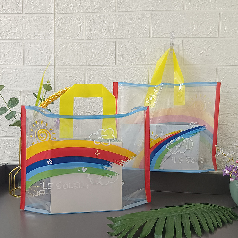Transparent rainbow handbag clothing store shopping bag kindergarten children hand gift bag large and medium size small size gift bag