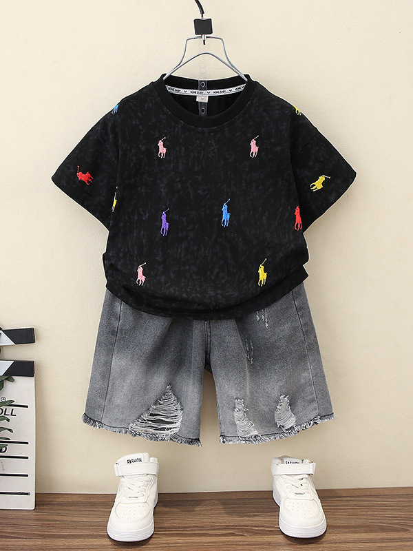 7378 Traje de verano para niños Camiseta de manga corta de dibujos animados para niños coreanos Pantalones vaqueros para bebés Pantalones cortos de verano Ropa delgada 3
