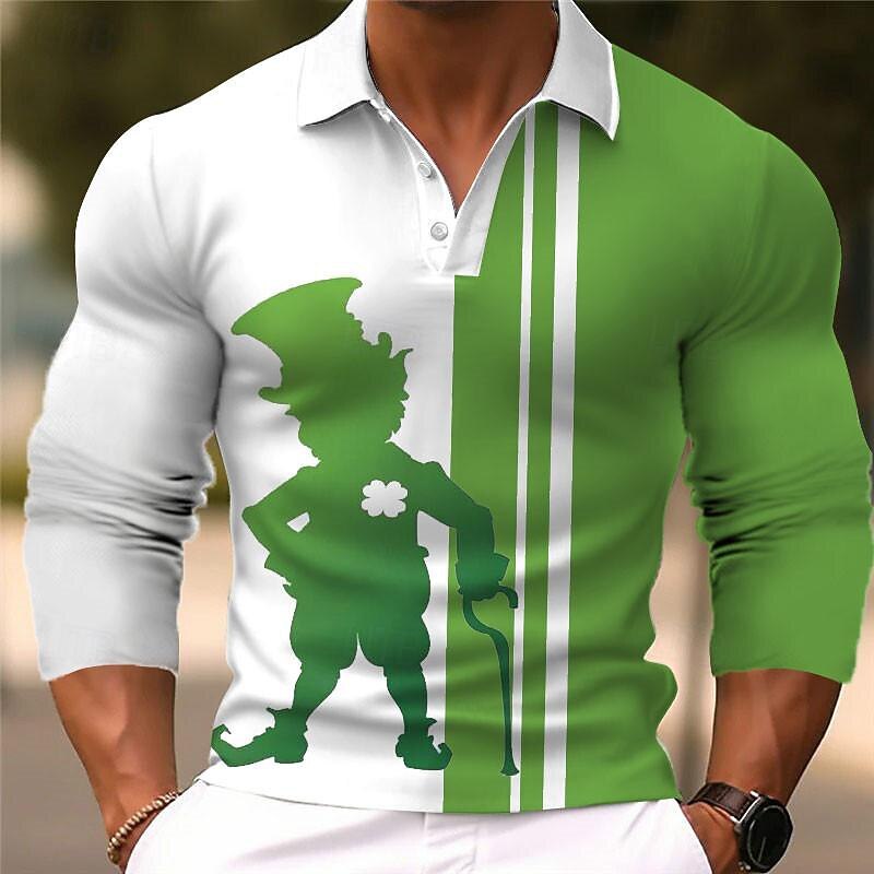 Cross-Border Export Long-Sleeved Polo Men's St. Patrick's Clover Printed Polo Irish Top Source Manufacturer