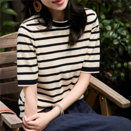 2026夏季新款撞色减龄条纹短袖针织衫女短款正肩T恤薄款T条纹上衣