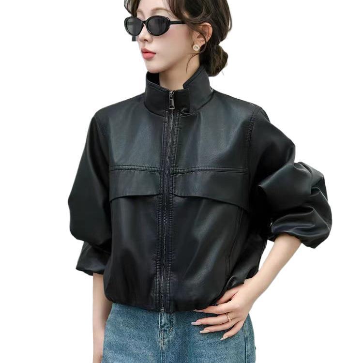 宽松版型休闲皮衣夹克外套女2025秋冬新款显瘦机车立领软皮上衣潮|undefined