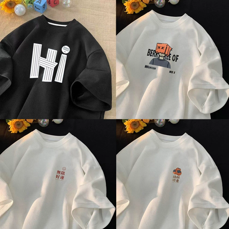 Вафельная футболка с короткими рукавами, мужская летняя футболка 2024, новый модный топ с круглым вырезом и половиной рукавов, свободная футболка с короткими рукавами