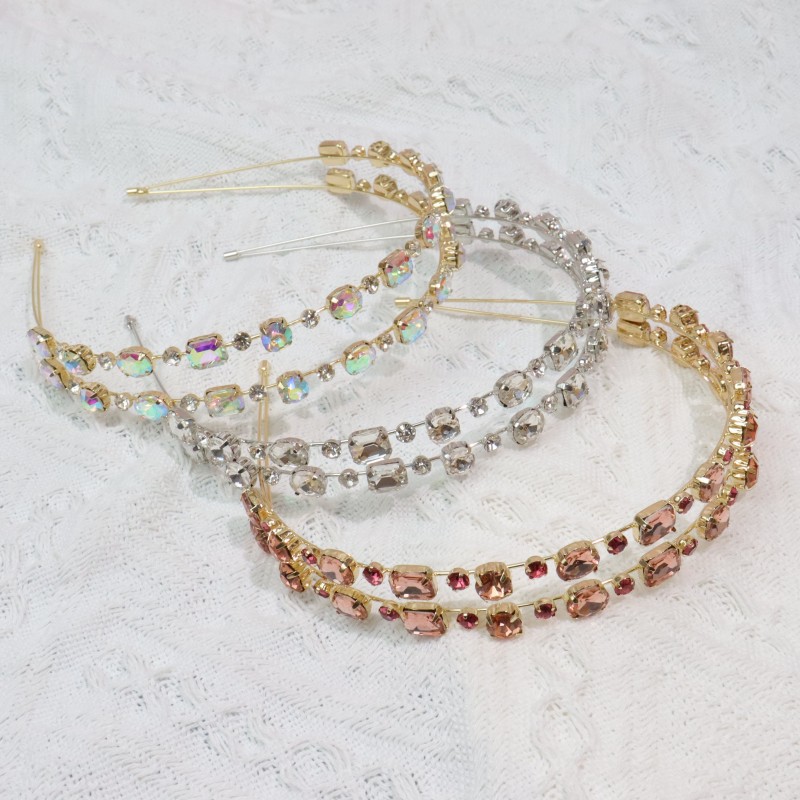 Europe and the United States cross-border double crystal gem hairband super flash alloy diamond geometric glass colored drill head hoop foreign trade supply
