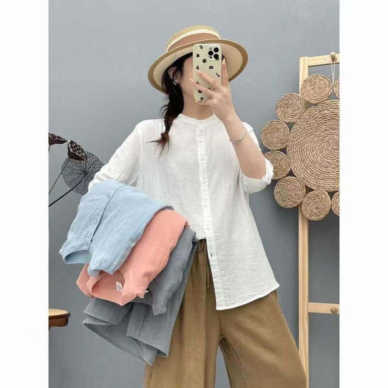 【Source Factory】 Double-Layer Cotton Gauze Stand-Collar Button-Up Shirt for Women, Mid-Sleeve, High-End, Loose-Fitting, Plus-Size, Soft Top