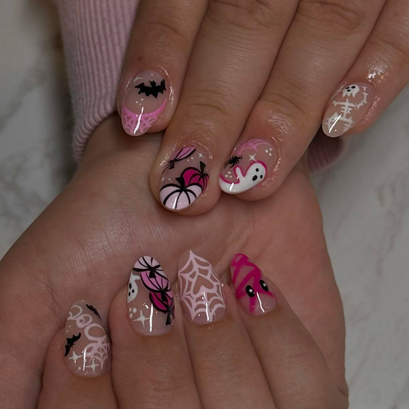 Halloween Short Oval Pumpkin Ghost Spider Skull Bat Pattern Design Cute Style Wearable Nail Art Halloween Short Oval Pumpkin Ghost Spider Skull Bat Pattern Design Cute Style Wearable Nail Art