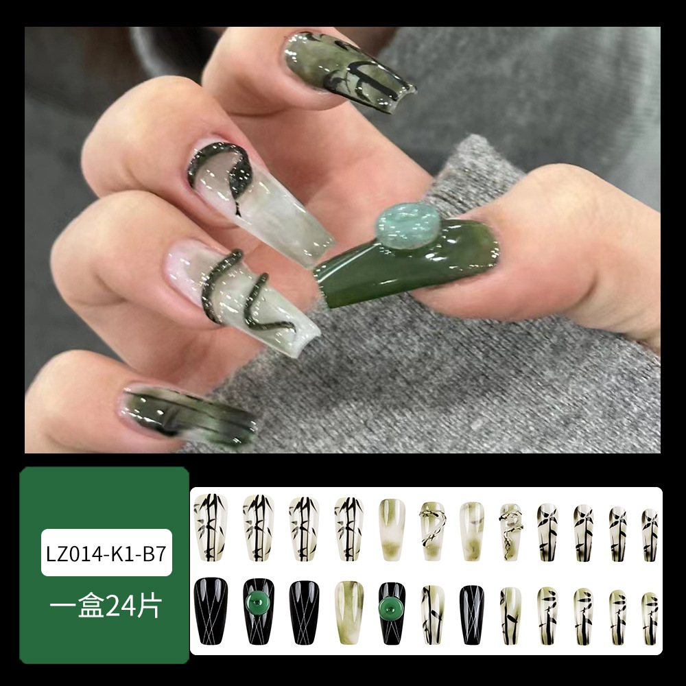 3D tinta estereoscópica bambú serpiente espíritu estilo nacional de uñas de jade verde negro para usar uñas de ballet 24 piezas empaquetadas pegatinas de uñas terminadas