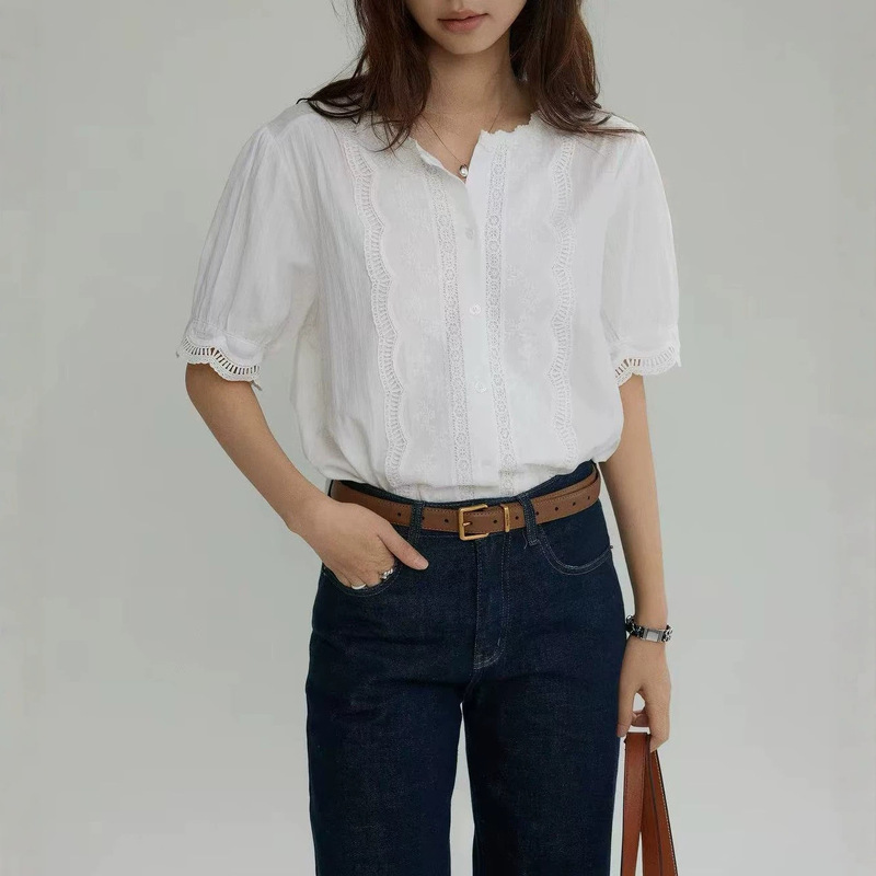 Joli Chooose Round-Neck Embroidered Lace Shirt with Cut-Out Cuffs for Women, French Pastoral Style, Niche Minimalist Top Joli Chooose Round-Neck Embroidered Lace Shirt with Cut-Out Cuffs for Women, French Pastoral Style, Niche Minimalist Top