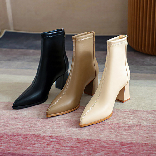 Fuhao pointed toe short boots high heel women's leather boots  new winter women's shoes back zipper French bare boots simple