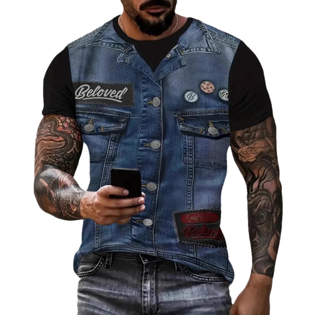 Divertida chaqueta de mezclilla con personalidad estampada en 3D, camiseta casual de cuello redondo de manga corta suelta y transpirable para hombre