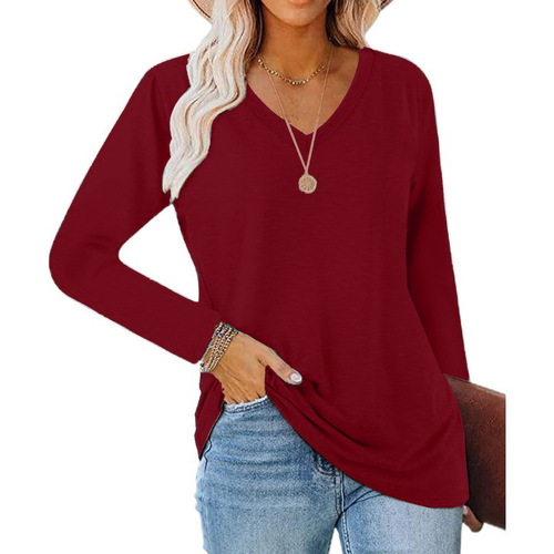 Autumn and winter European and American women's blouse long-sleeved V-neck elegant casual solid color T-shirt loose outer coat