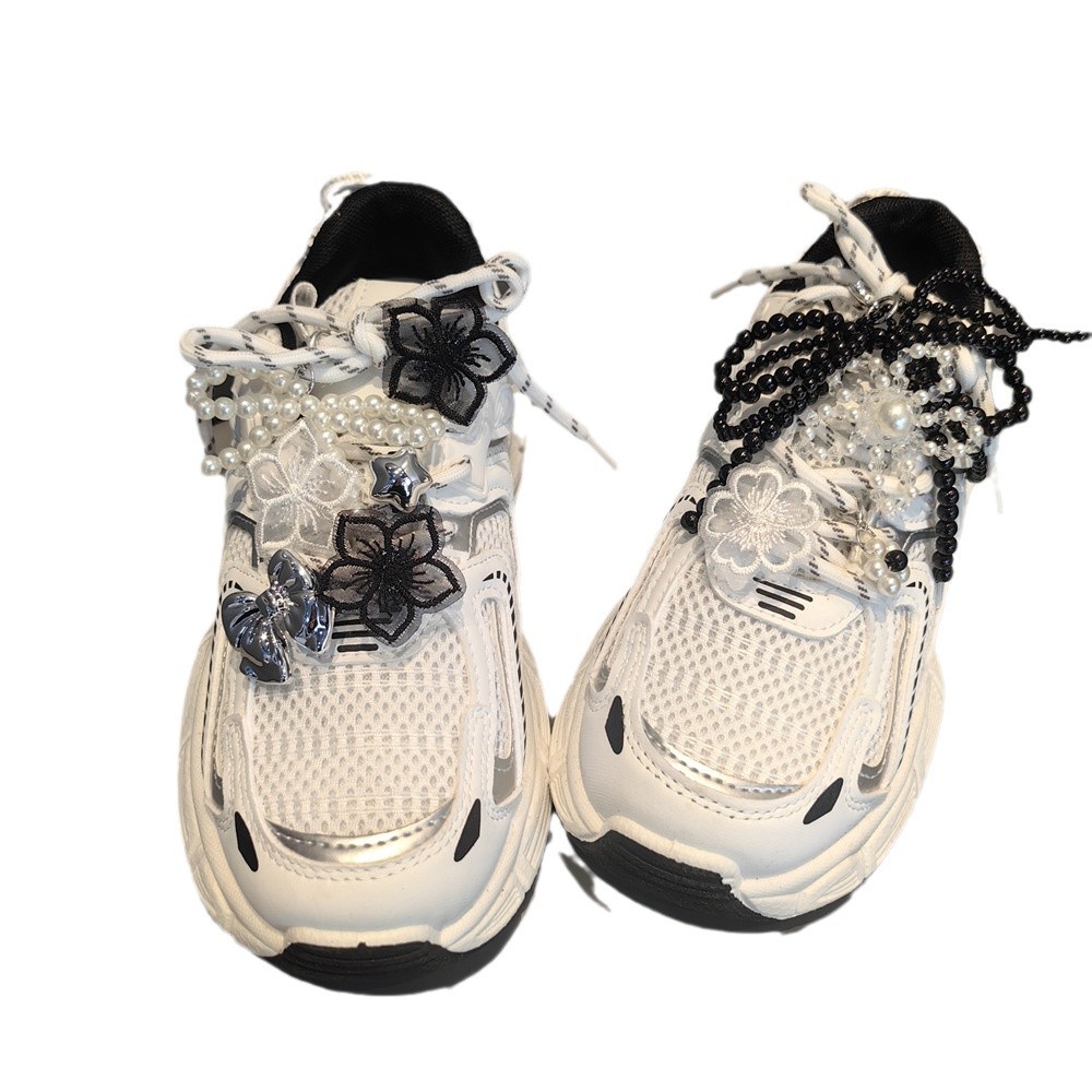 Korean Style New Ballet Pearl Crystal Flower Black and White Color Fairy Bow Shoe Buckle Shoe Flower Shoe Decoration