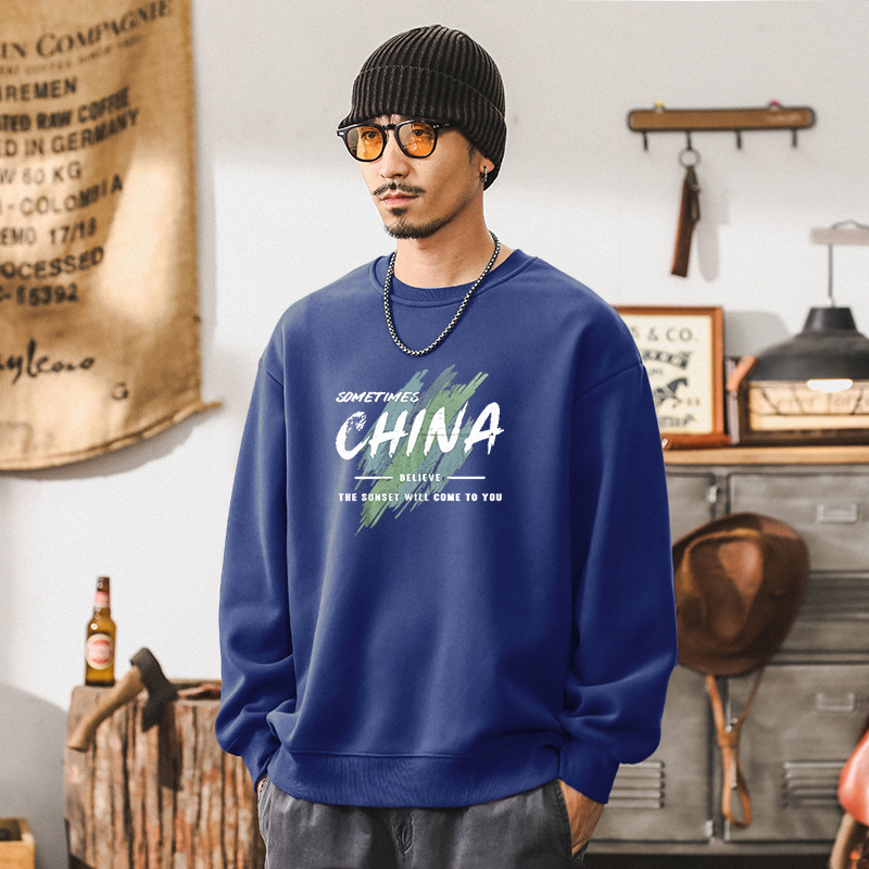 Nuevo pesado camiseta de cuello redondo otoño invierno primavera y otoño estilo chino masculino letras camiseta de manga larga suelta de moda