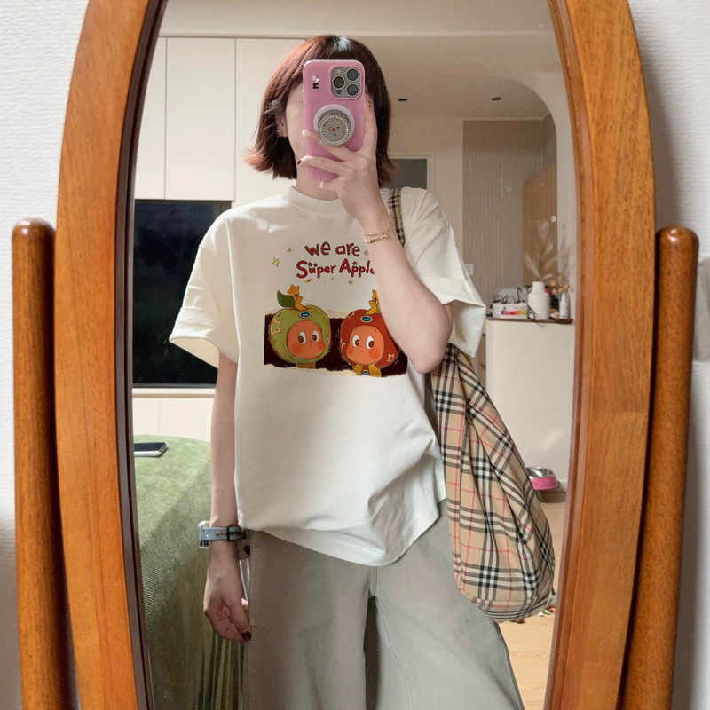 White Pure Cotton Cartoon Short-Sleeve T-Shirt for Women, Summer Student Style, Loose Design, Niche Lazy Style, Half-Sleeve Ins-Style Top