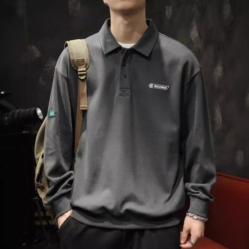 American-style high street polo shirt men's cotton and fleece long-sleeved winter and autumn white collar top coat