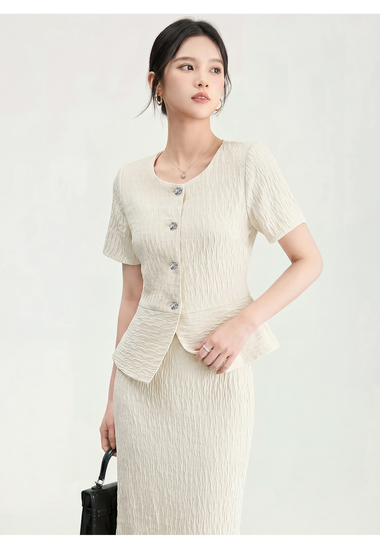 Bộ áo ngắn tay và chân váy midi phong cách tiểu hương nữ thanh lịch — màu đen chi tiết 18