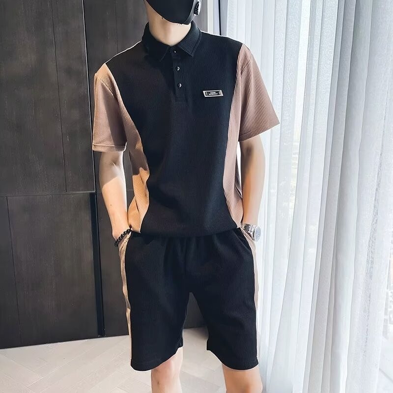 Casual Sports suit Men's Summer Handsome Colorblock Short-sleeved Polo Shirt Semi-cardigan T-shirt with Loose Shorts