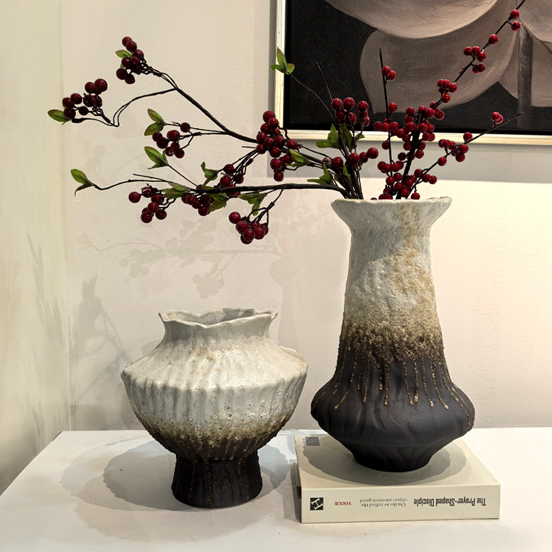侘寂风陶瓷花瓶摆件复古软装酒店样板房客厅民宿餐厅桌面插花器