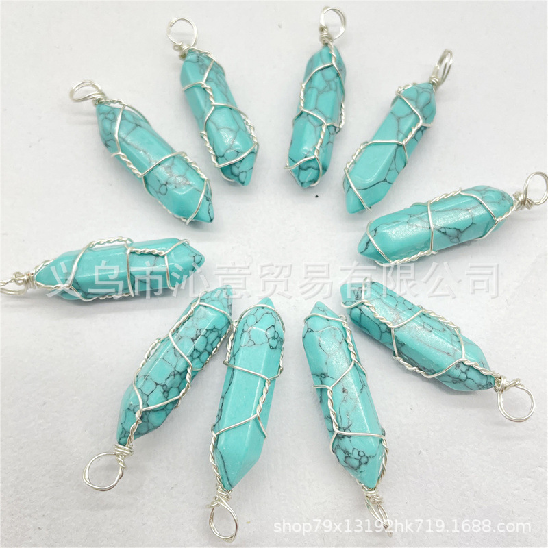 Comercio exterior caliente bobina hexagonal columna colgante collar de cristal natural hecho a mano de plata hilo bala joyería al por mayor