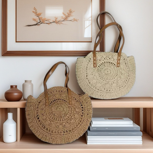 French round hollow woven bag, shoulder and hand-held woven bag, summer beach vacation sand bag, versatile tote bag