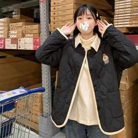 小熊刺绣菱格棉服外套冬季2024新款宽松时尚撞色拼接翻领棉衣女装