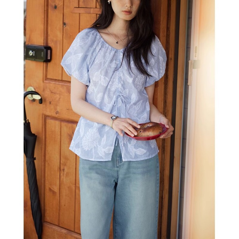 Soljghter French Stripesd Cut V-Neck Shirt Women's Summer Lace-Up Top