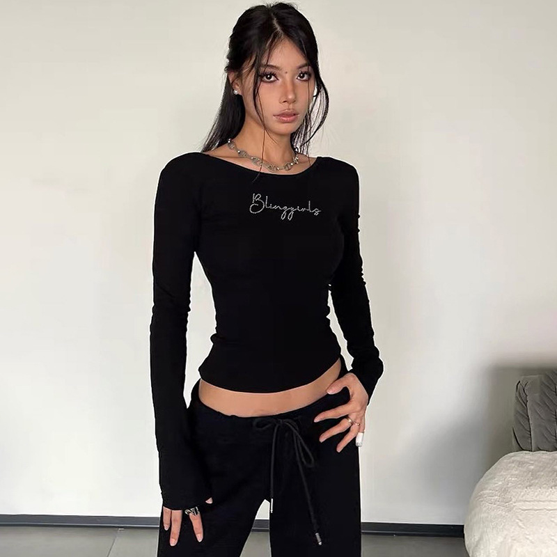 INS风欧美女装秋季亚马逊新款字母烫钻方领长袖修身T恤秋冬打底