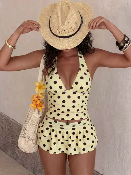 Women's two-piece swimsuit, new European and American style for summer, sexy polka dot tie-up three-piece bikini with short skirt set