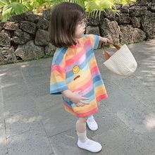 2024夏季新款童装韩版女童条纹彩虹中长款短袖恤儿童连衣裙