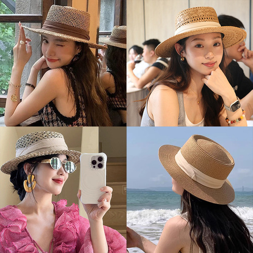2025 French flat-topped straw hat for women, large head circumference, beach sand, party hat, woven sun hat, summer