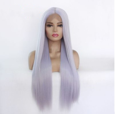 Perucas de comercio exterior fibra química europea y americana frente encaje cubierta de cabeza azul gris largo fabricante de cabello recto LW0111