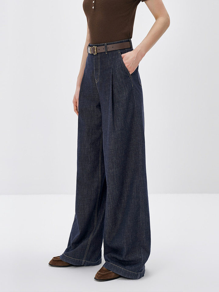 Quần ống rộng denim cạp cao phong cách retro cho nữ, form suông thoải mái tôn dáng — Xanh tím than