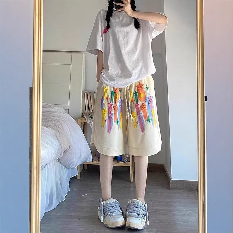 Colorful Star Print Shorts Couple Summer Trendy Graffiti Style Loose Wide Leg Five-point Sports Casual Pants Colorful Star Print Shorts Couple Summer Trendy Graffiti Style Loose Wide Leg Five-point Sports Casual Pants