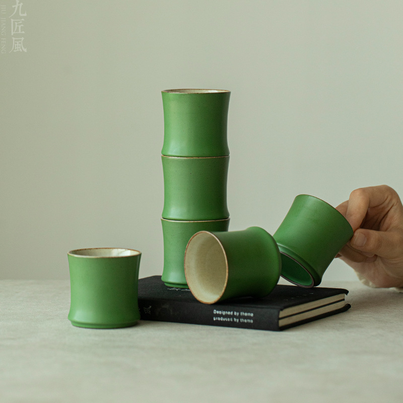 中式竹节杯创意绿釉青竹品茗杯高档主人杯家用功夫茶具陶瓷喝茶杯