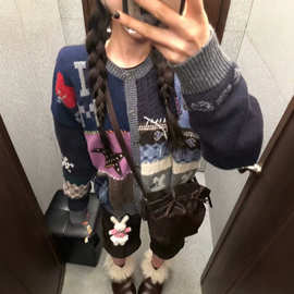 毛衣女秋冬季日系宽松外穿大码慵懒风拼色开衫针织衫港风潮流外套
