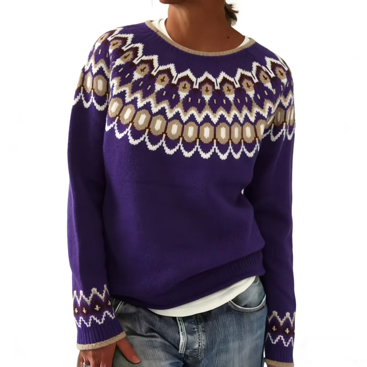 Women's Thick Knit Jacquard Sweater For Autumn And Winter_voghion.com