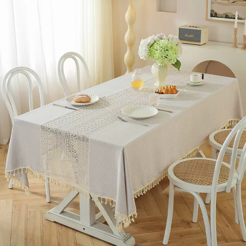 防滑家用餐桌布装饰轻奢镂空拼接餐厅长方形棉麻布艺防尘台布
