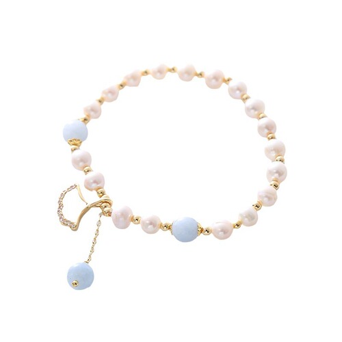 Natural Pearl Necklace for Women - New Arrival with Aquamarine Crystal, Ins Cold Wind, Apricot Leaf Pendant, Mother-of-Pearl Bracelet - Wholesale