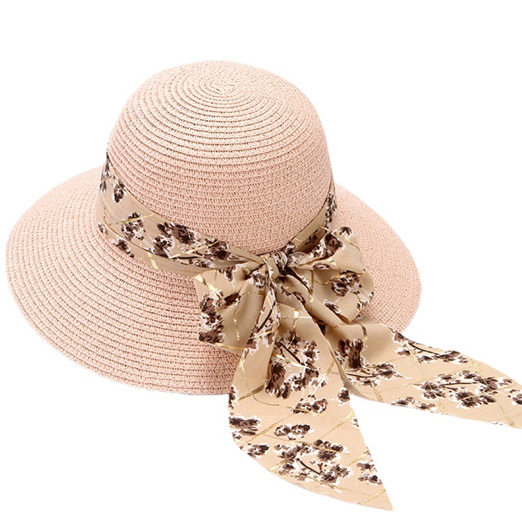 Cappello di paglia da donna per l'estate, ideale per gite in spiaggia, vacanze, protezione solare, con fiocco e accessorio per la protezione solare._voghion.com