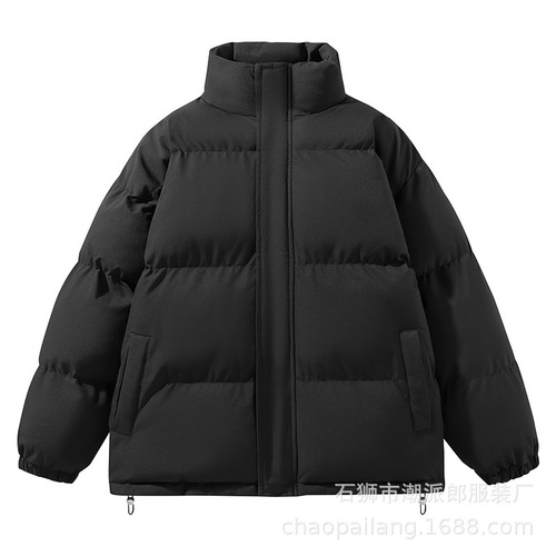 Winter Thick Cotton Coat Men Loose Hooded Jacket Trendy Stand Collar Outerwear Couple Bread Suit Plain Color Matchable Top Cotton Jacket