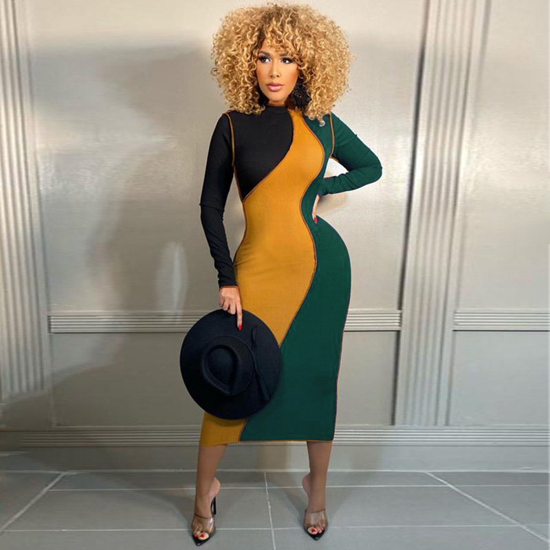 Regular Dress Elegant Round Neck Patchwork Rib-Knit Long Sleeve Color Block Midi Dress Daily display picture 11