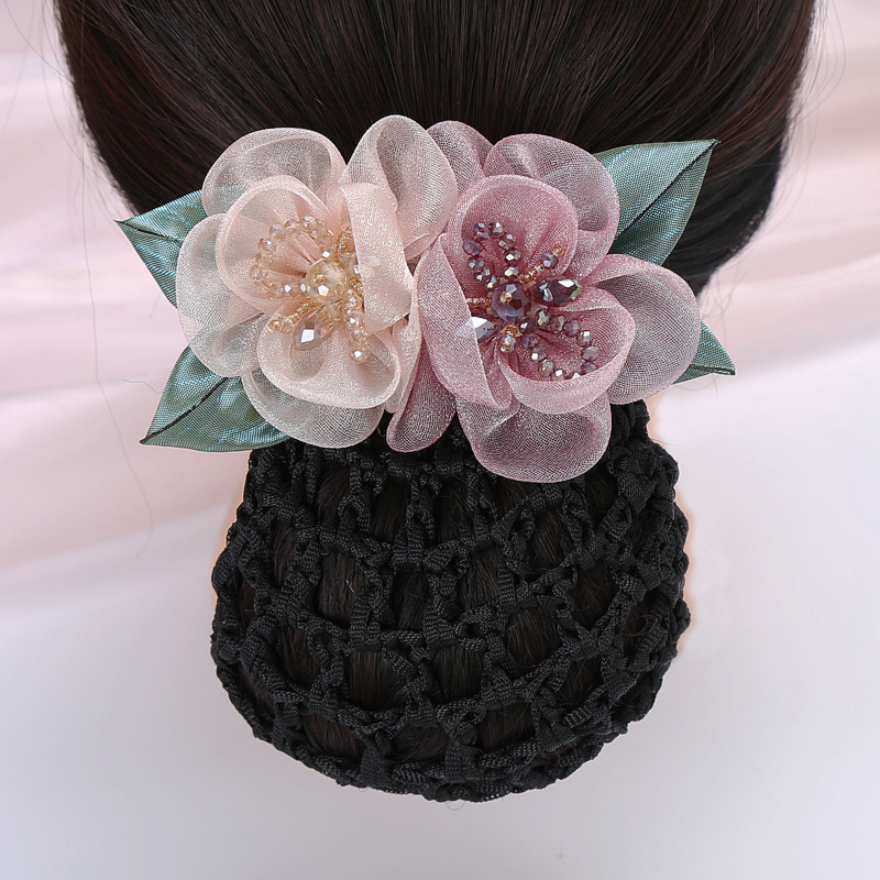 Professional hair flower Korean yarn bead temperament hair accessories stewardess nurse hair net pocket work hairpin hotel bank headdress