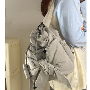 Soft Collapse Korean Style Bag New Large Capacity Casual Backpack Bow Drawstring Embroidered Dual-Use Shoulder Bag