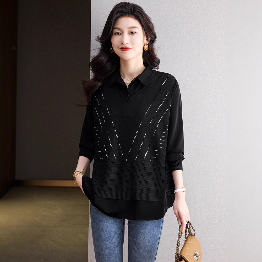 2025年新款春装假两件套时尚气质翻领拼接针织套头衫时尚气质上衣，女装针织衫/毛衣，妃慕昵服饰