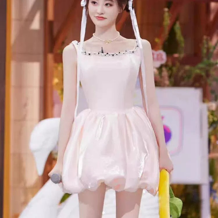 French-style Niche Design Sling Strap Strapless Heavy Industry Rhinestone Pink Girl's Birthday Dress for Summer dress