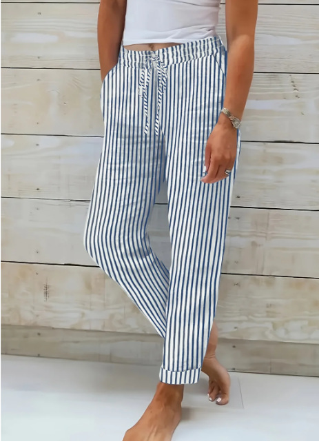Damen Streifen-caprihose Aus Baumwollleinen Mit Elastischem Bund_voghion.com