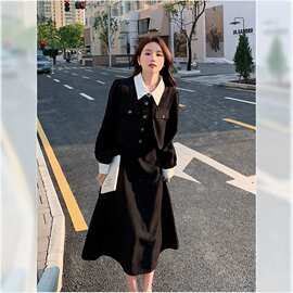 学院风假两件套装裙子微胖mm大码春夏新款赫本风感长袖连衣裙