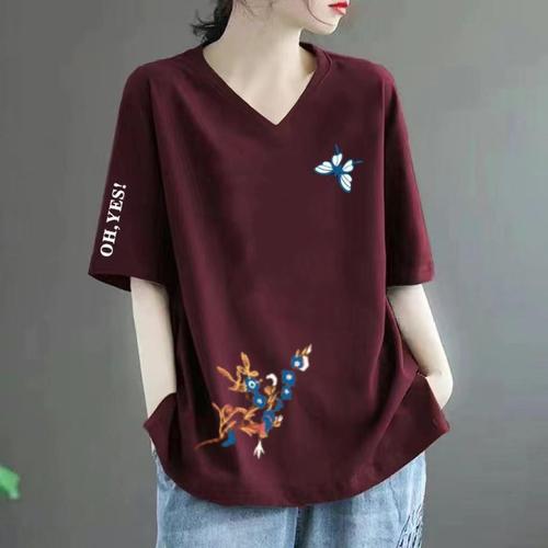 Clearance Short Sleeve Women's T-shirt V-neck Summer Loose Plus Size Mom Slimming Round Neck Printed 100% Cotton Top